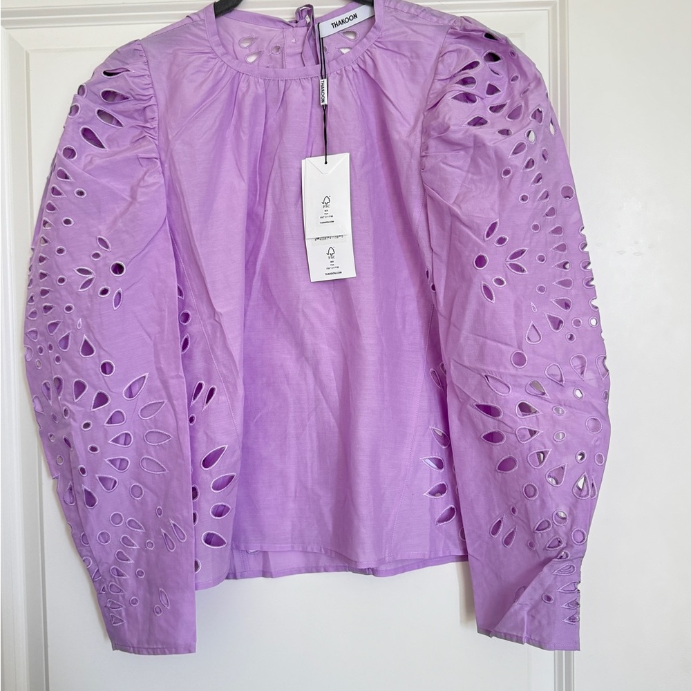 Thakoon Lilac Gathered Eyelet Puff Sleeve Blouse Size 2